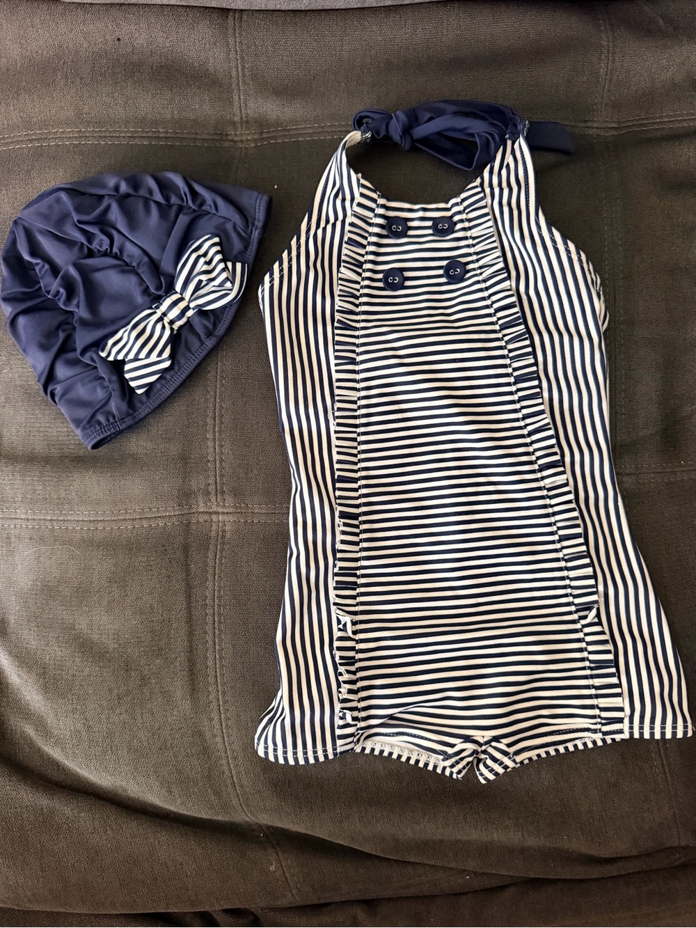 Janie and Jack Navy and White Striped One-Piece Swimsuit with Matching Cap
